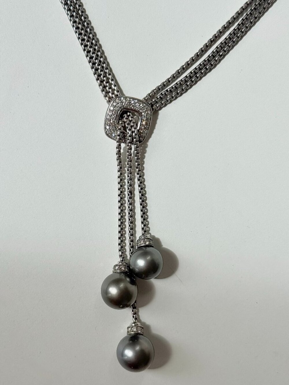 David Yurman Sterling Silver, Diamond, and Pearl Lariat Necklace